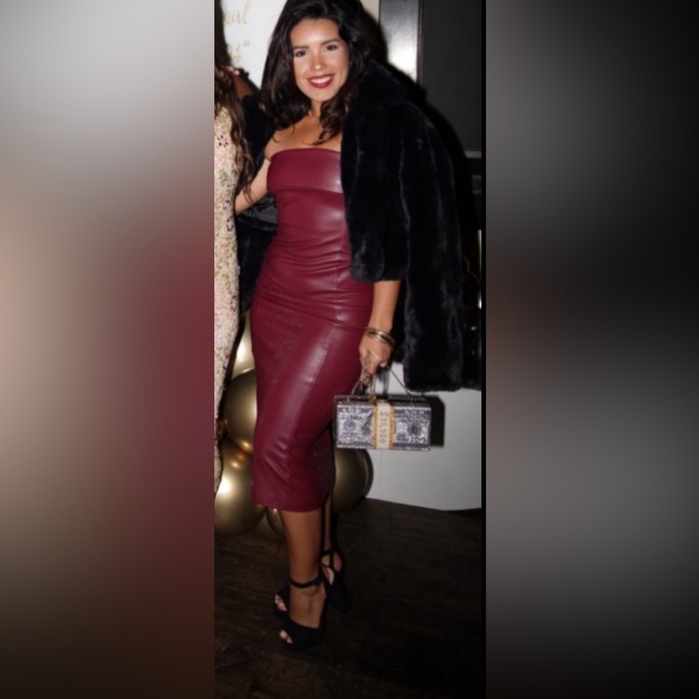 Vegan leather strapless red dress